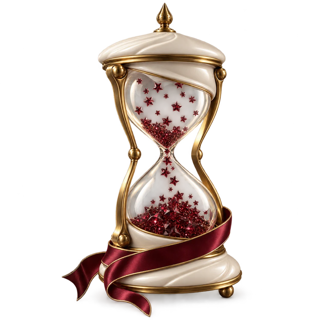 A sculpted ivory and brass hourglass with ruby stars.