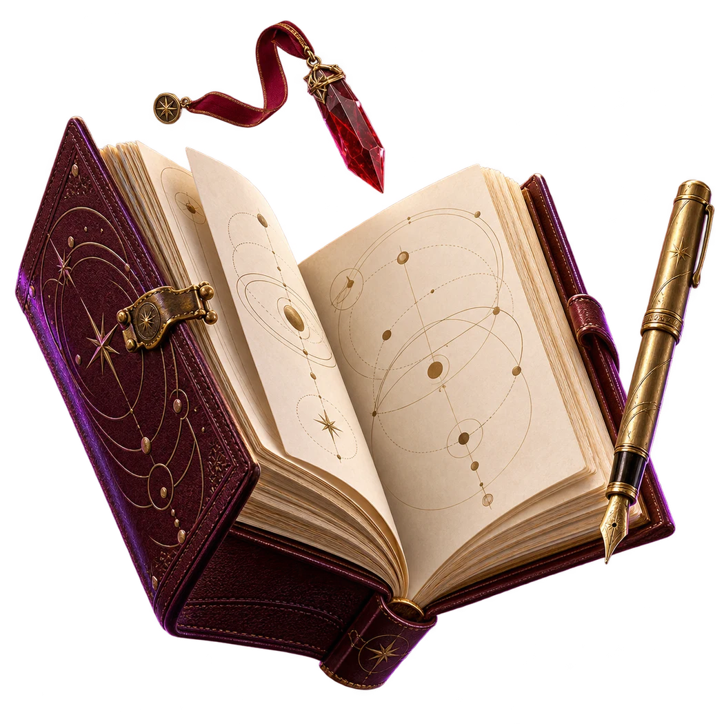 A burgundy leather folio with ivory pages and a brass pen.