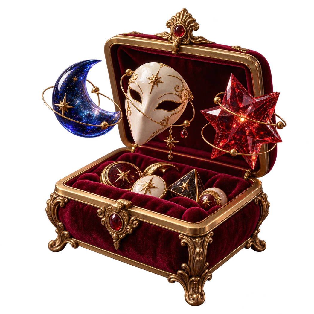 An open velvet-lined brass cabinet with floating porcelain and crystal curiosities.