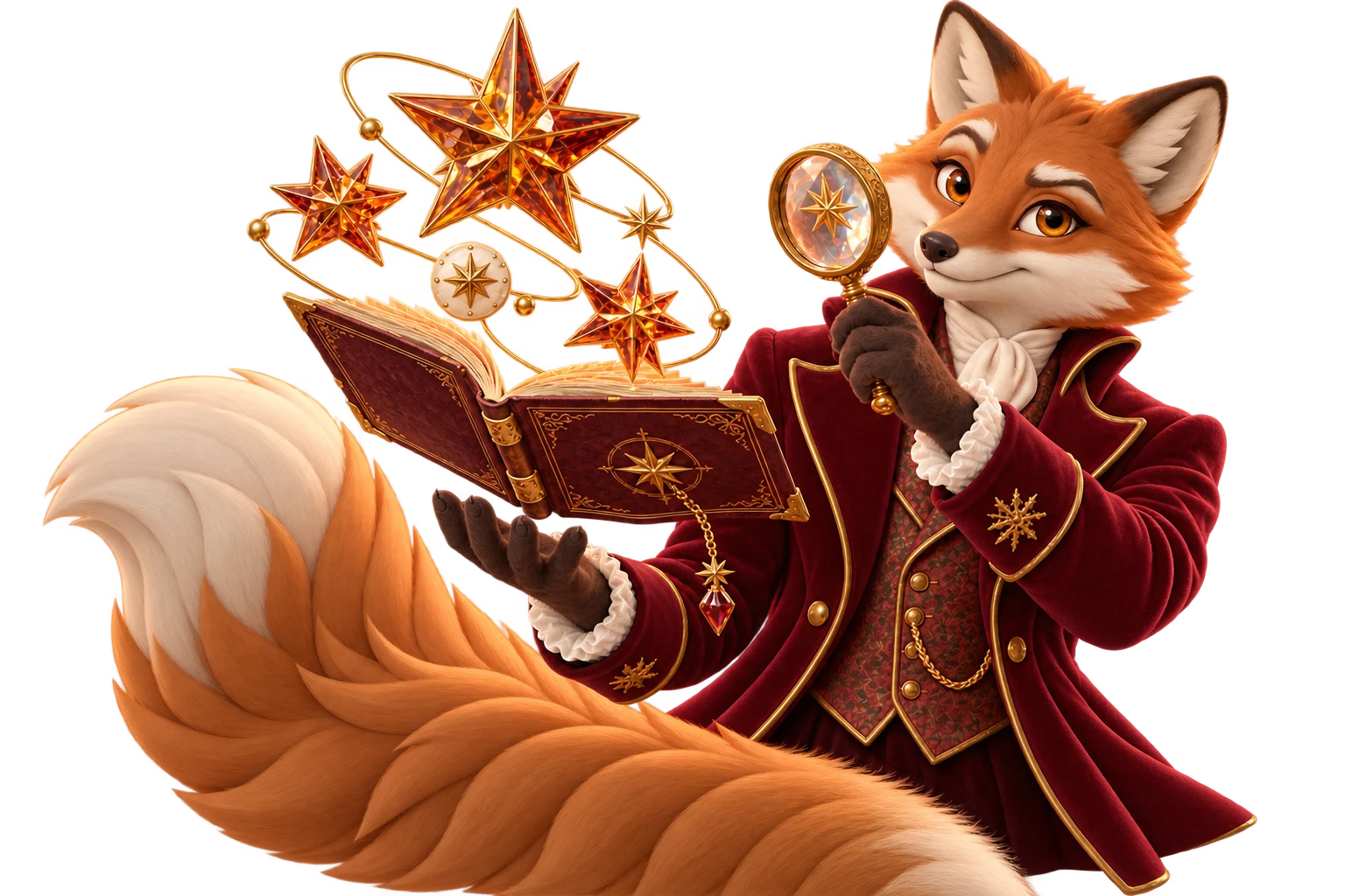 Vesper, a stylized 3D fox, studying a floating leather folio and sculptural amber stars.