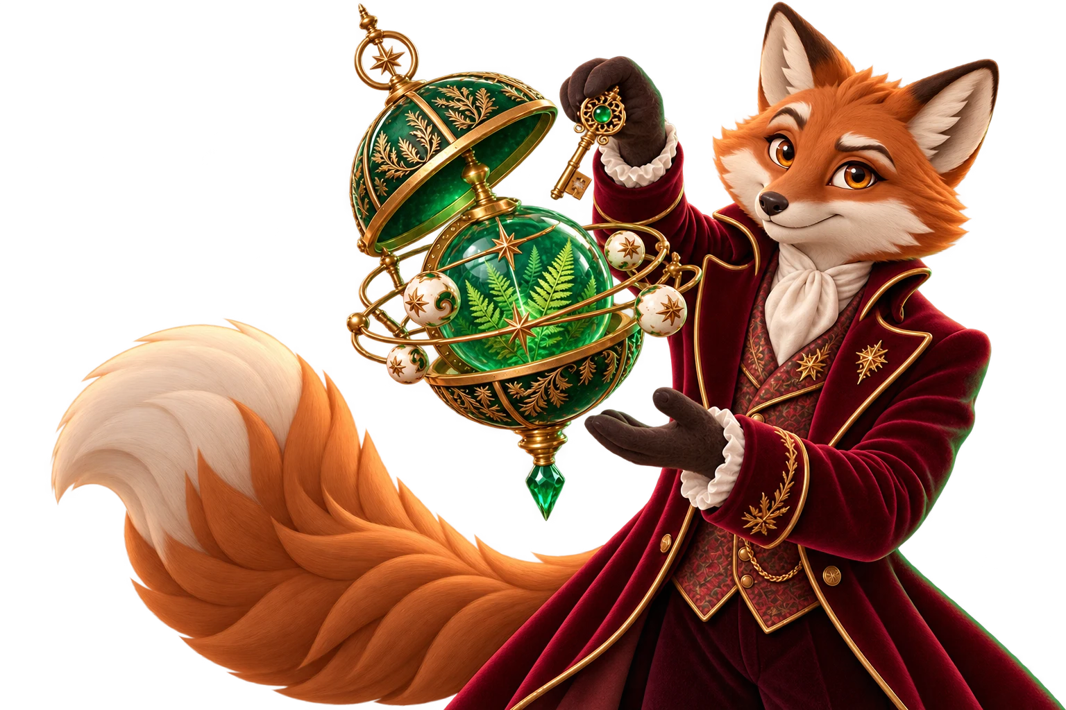 Vesper, a stylized 3D fox, opening a botanical orrery of emerald glass and antique brass.