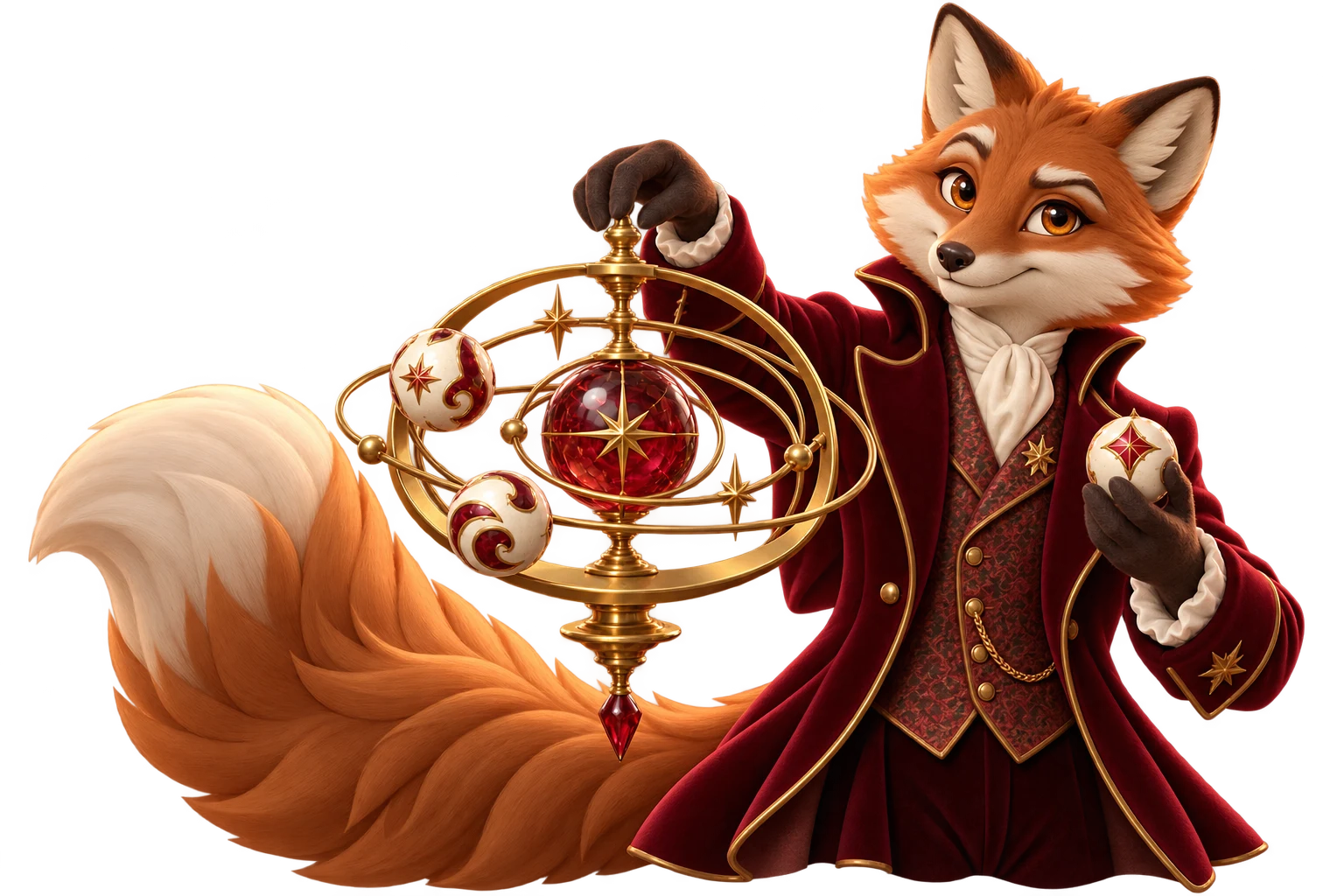 Vesper, a stylized 3D fox, tending a brass astrolabe with fictional porcelain play tokens.